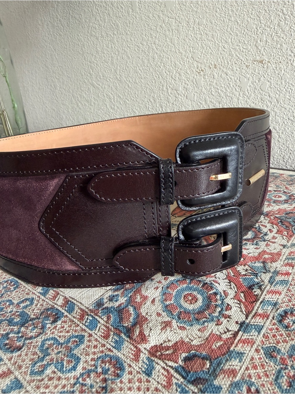 Burberry Wide Dual-Buckle Equestrian Leather Suede Waist Belt in eggplant